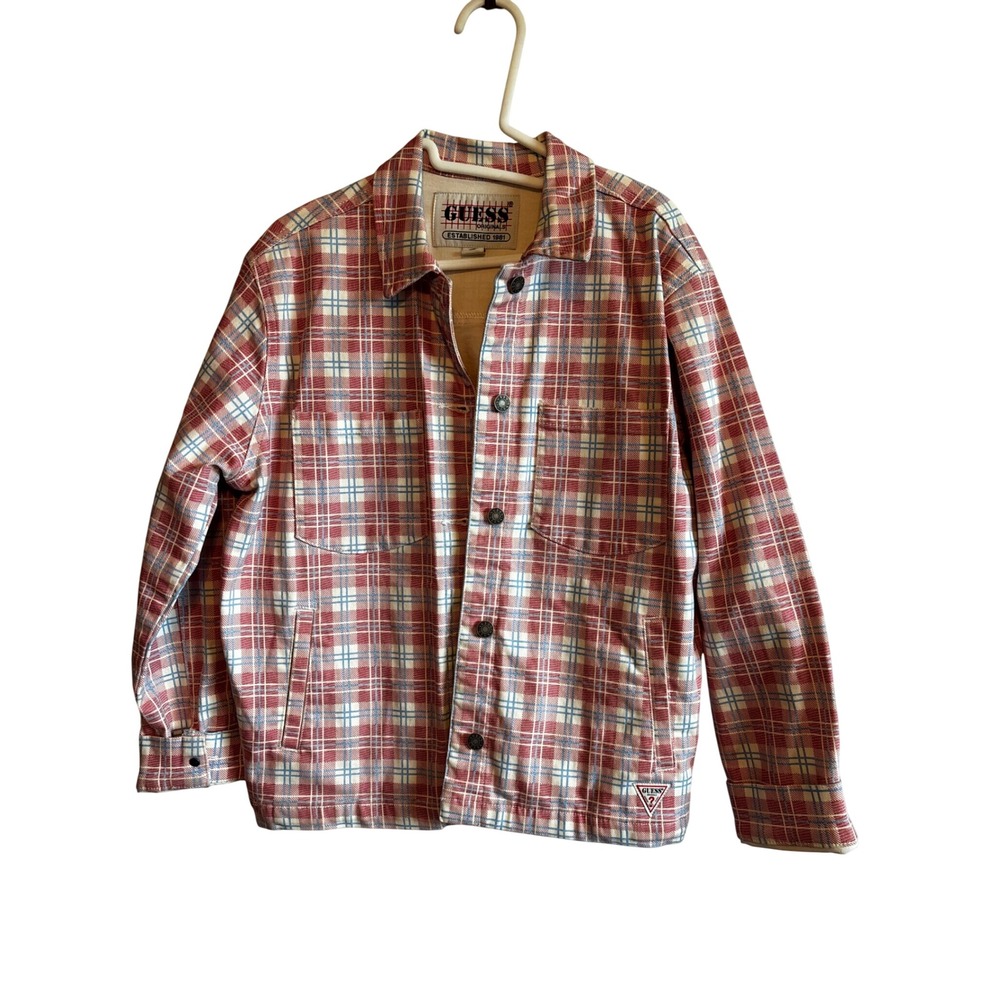 Guess Originals Plaid Trucker Jacket Red Blue Check Shacket W1BGK1FRIE2 Mens S